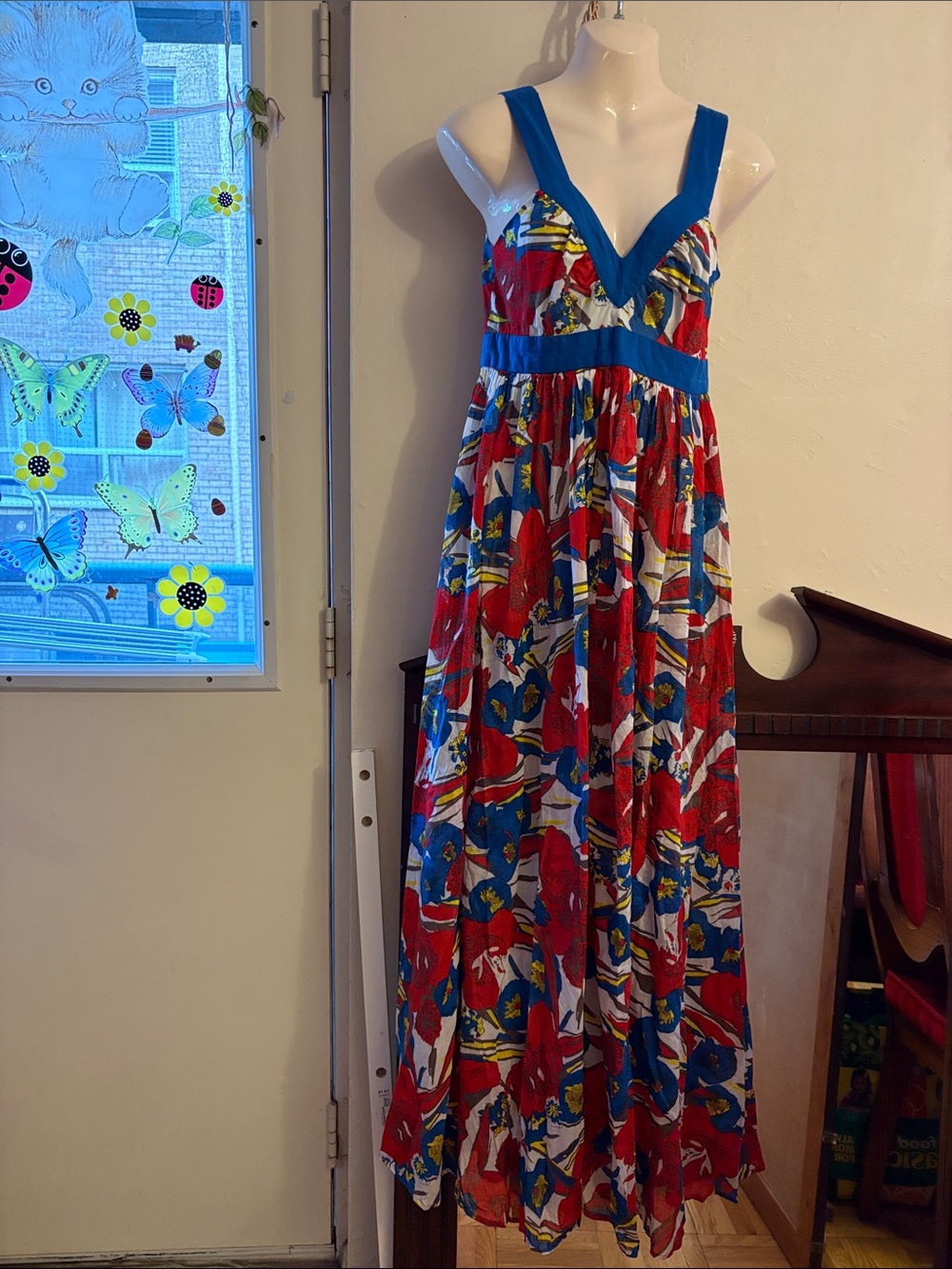 French Connection Vibrant Red & Blue Floral Maxi Dress.  Cotton